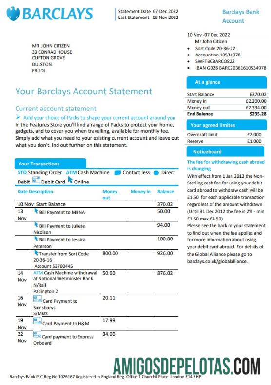 Modelo de extrato de conta bancária do Barclays do Reino Unido para download em formato Word e PDF, versão 1